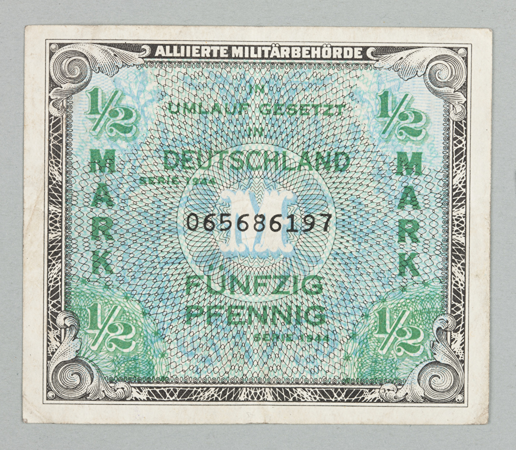 Banknot na ½ Mark Allierte Militärbehörde Niemcy 1944 r Muzeum