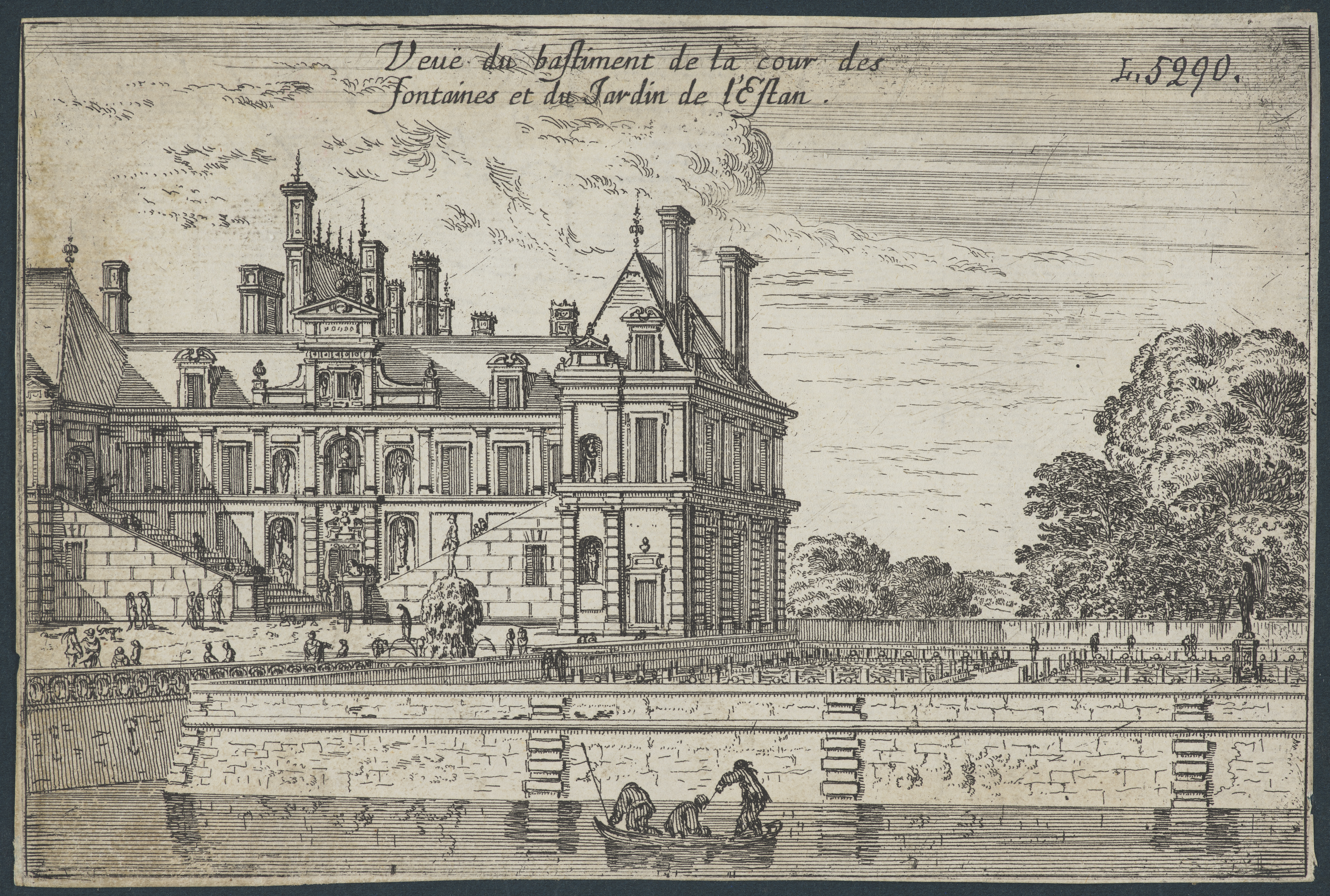 Veue du bastiment de la cour des fontaines et du Jardin de l'Estan ...